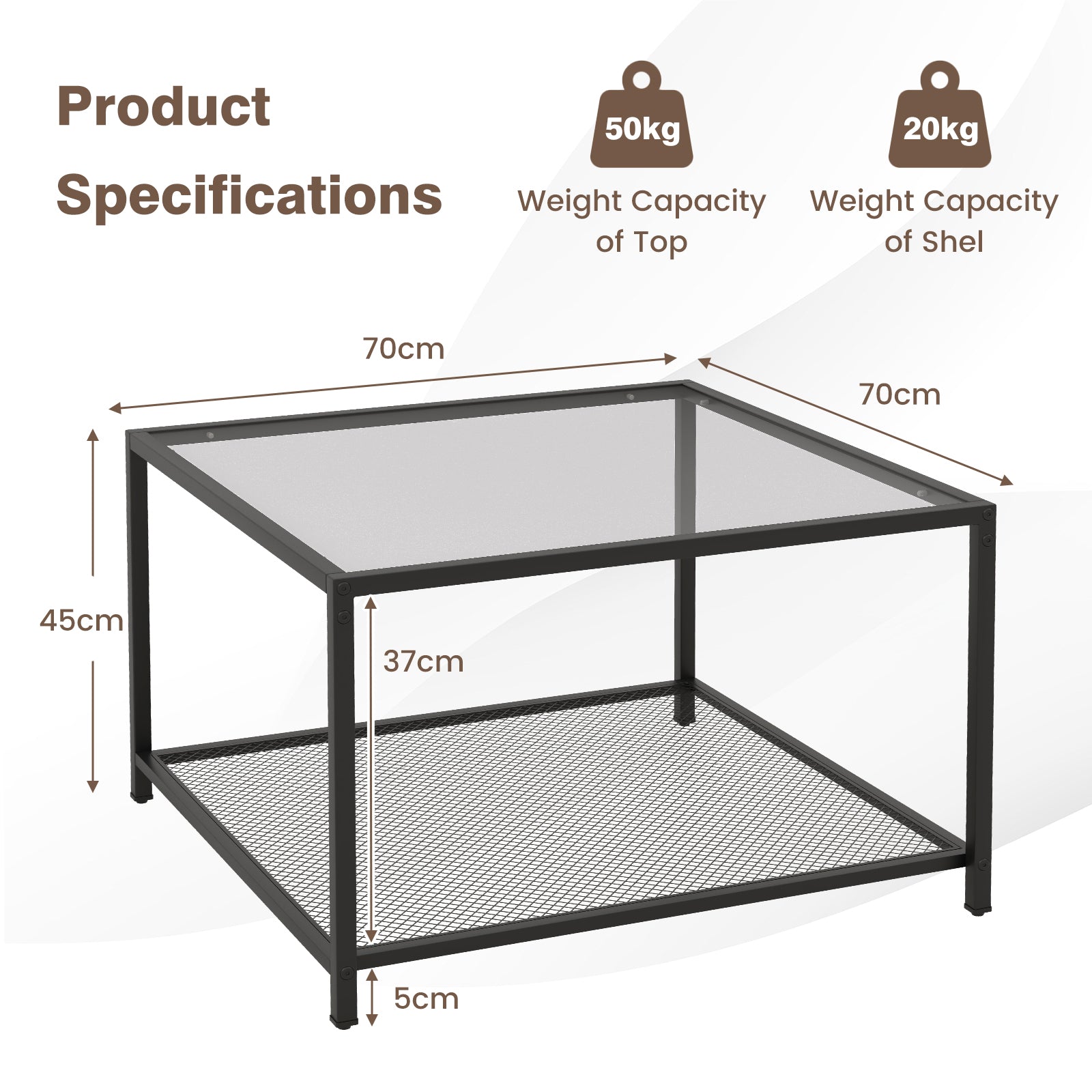 Modern 2-Tier Square Glass Coffee Table with Storage-Grey
