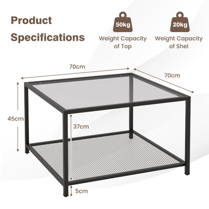 Modern 2-Tier Square Glass Coffee Table with Storage-Grey