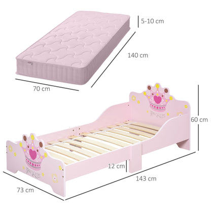 HOMCOM Kids Wooden Bed with Crown Modeling Safety Side Rails Easy to Clean Perfect Gift for Toddlers Girls Age 3 to 6 Years Old Pink