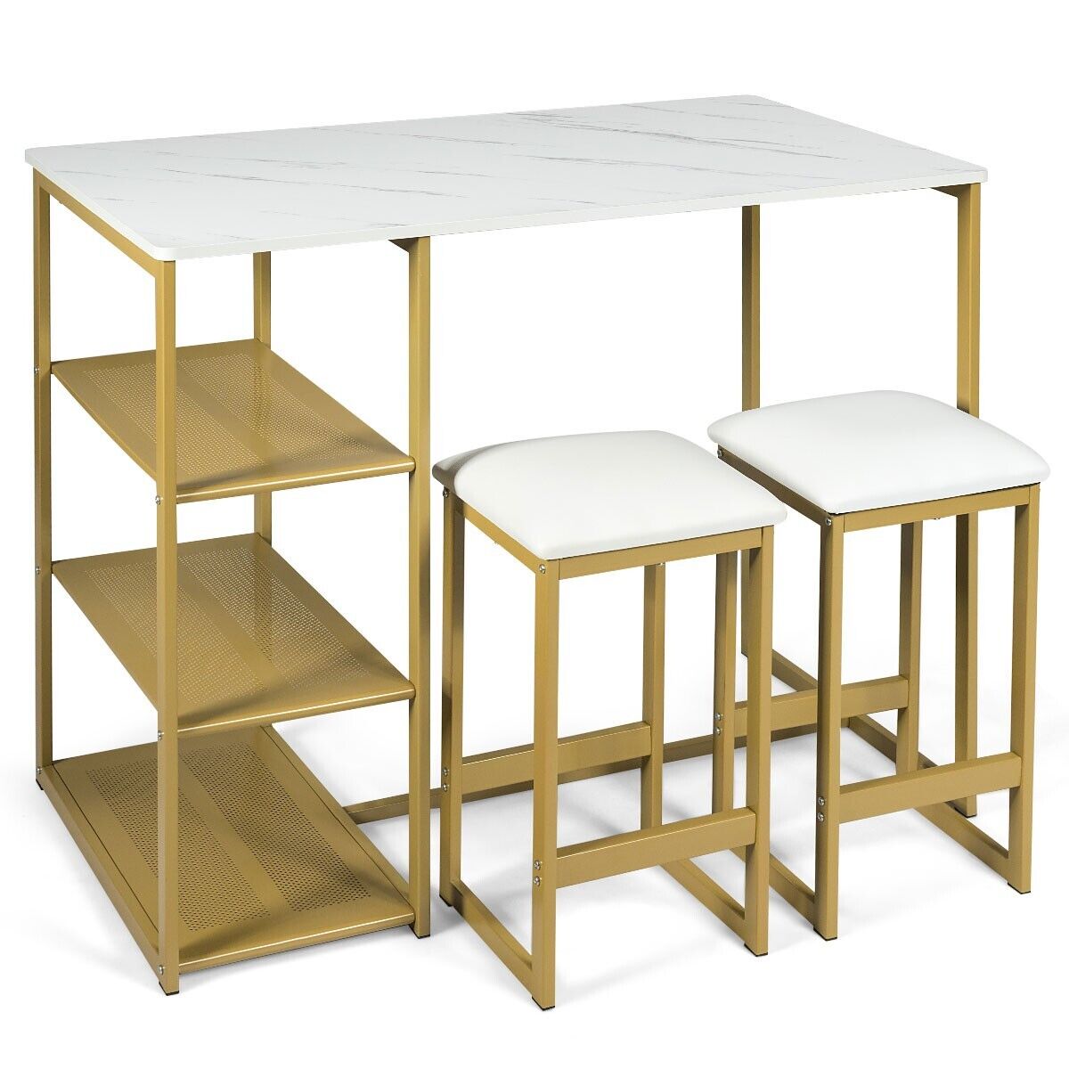 3 Piece Bar Table Set with 3-Tier Side Shelf and Footrest-Golden