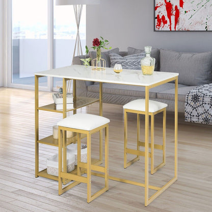 3 Piece Bar Table Set with 3-Tier Side Shelf and Footrest-Golden
