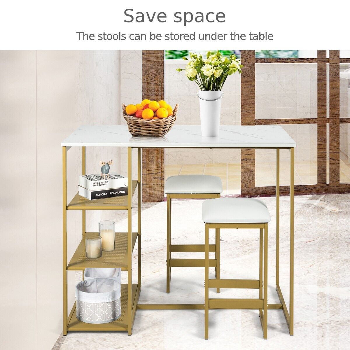 3 Piece Bar Table Set with 3-Tier Side Shelf and Footrest-Golden