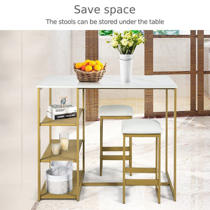 3 Piece Bar Table Set with 3-Tier Side Shelf and Footrest-Golden