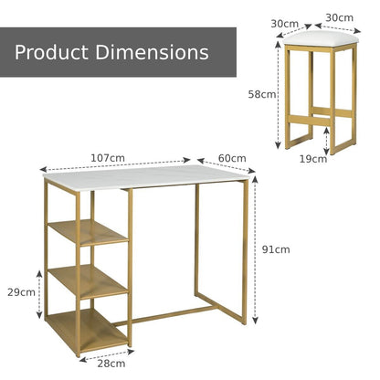 3 Piece Bar Table Set with 3-Tier Side Shelf and Footrest-Golden