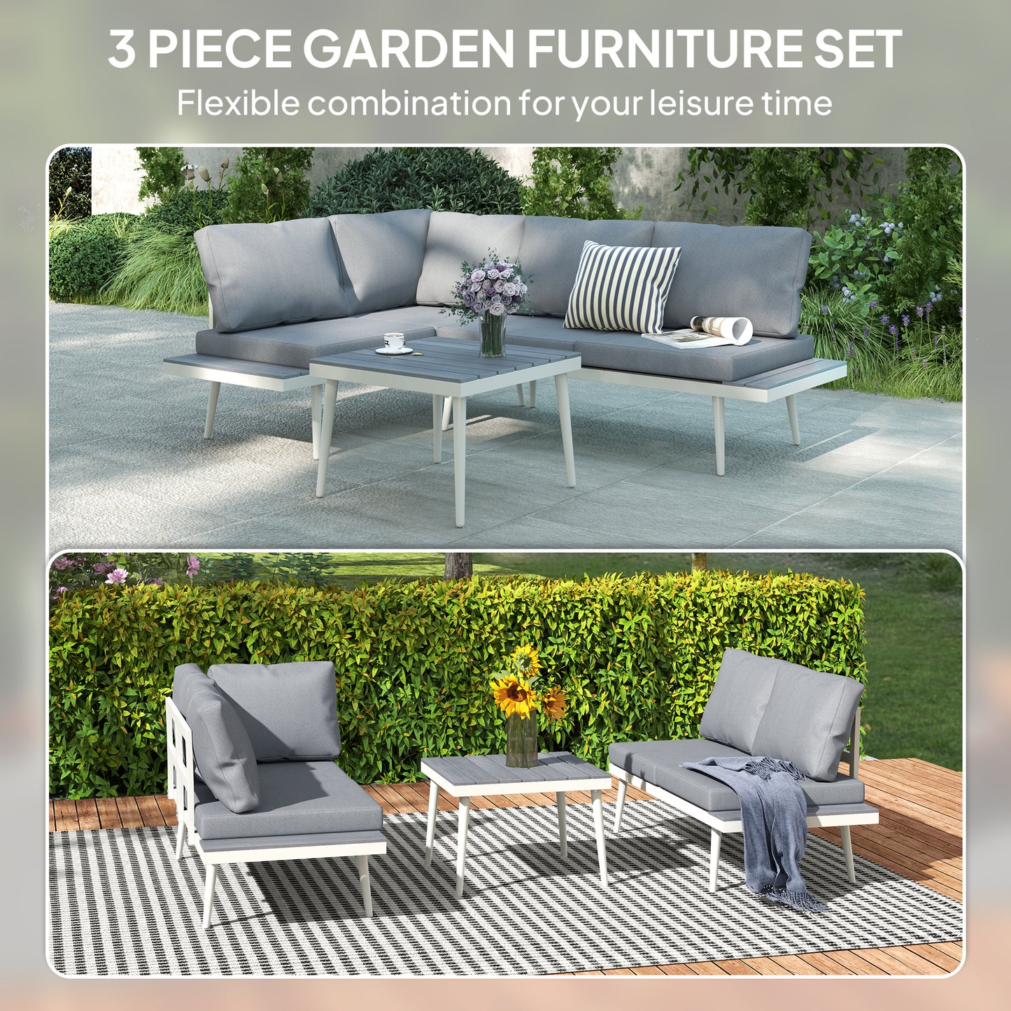 Outsunny 3 Piece Garden Furniture Set with 5-Level Adjustable Lounger, L Shaped Garden Corner Sofa with Cushions, Mesh Seat, Slatted Wood-Grain Table, Outdoor Furniture Set for Conservatory, Grey