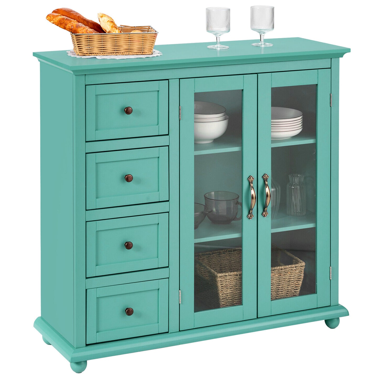 2-Door Wooden Buffet Sideboard with 4 Drawer-Green