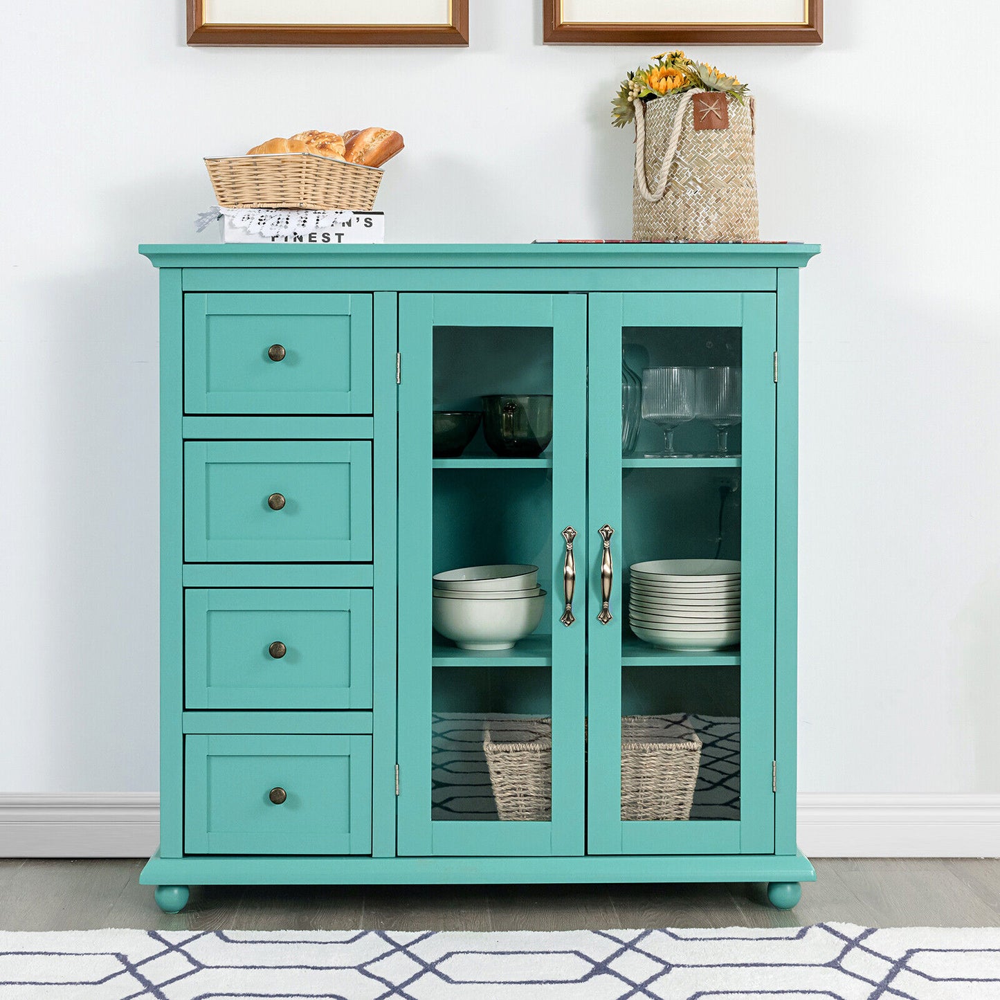 2-Door Wooden Buffet Sideboard with 4 Drawer-Green