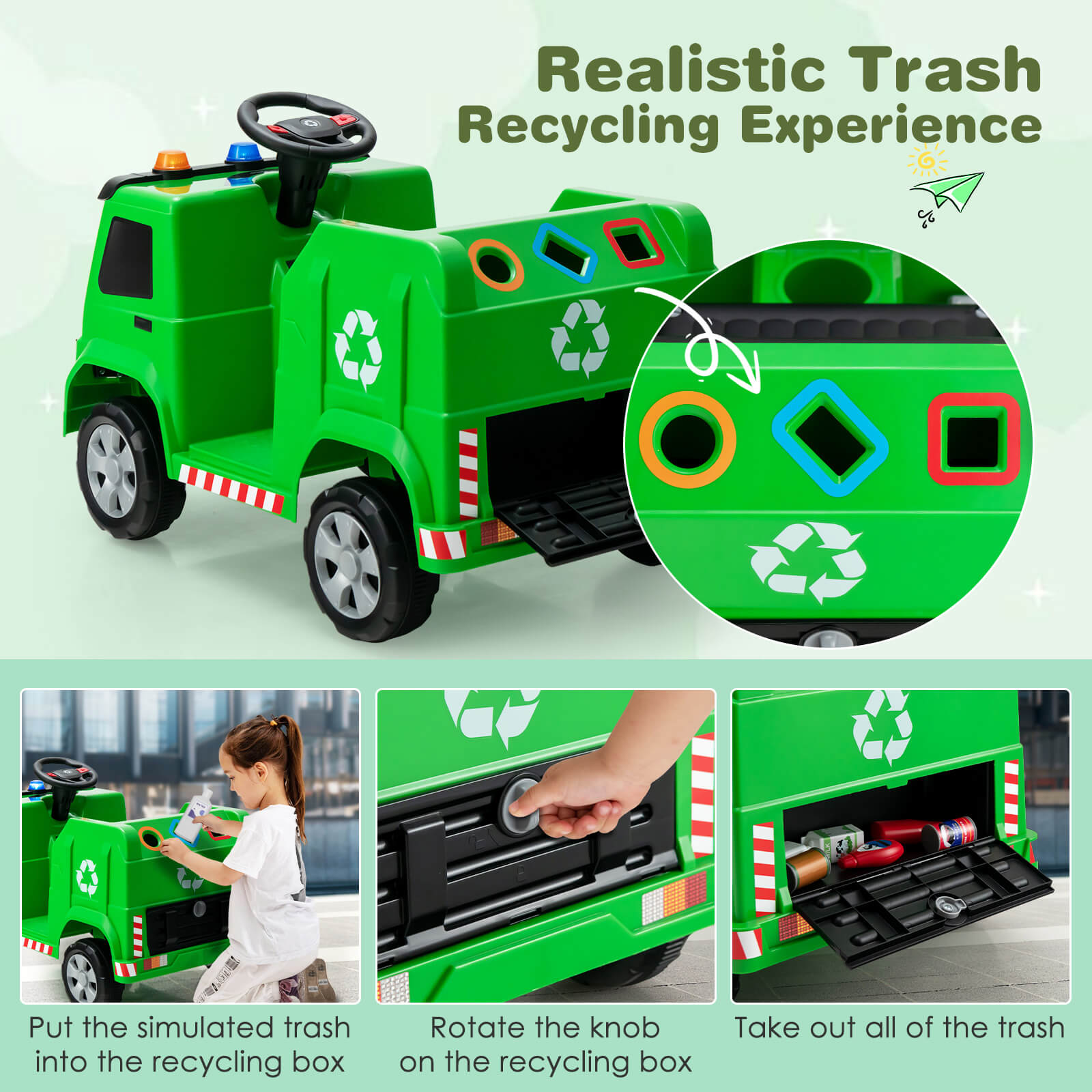12V Kids Ride-on Garbage Truck with Warning Lights-Green
