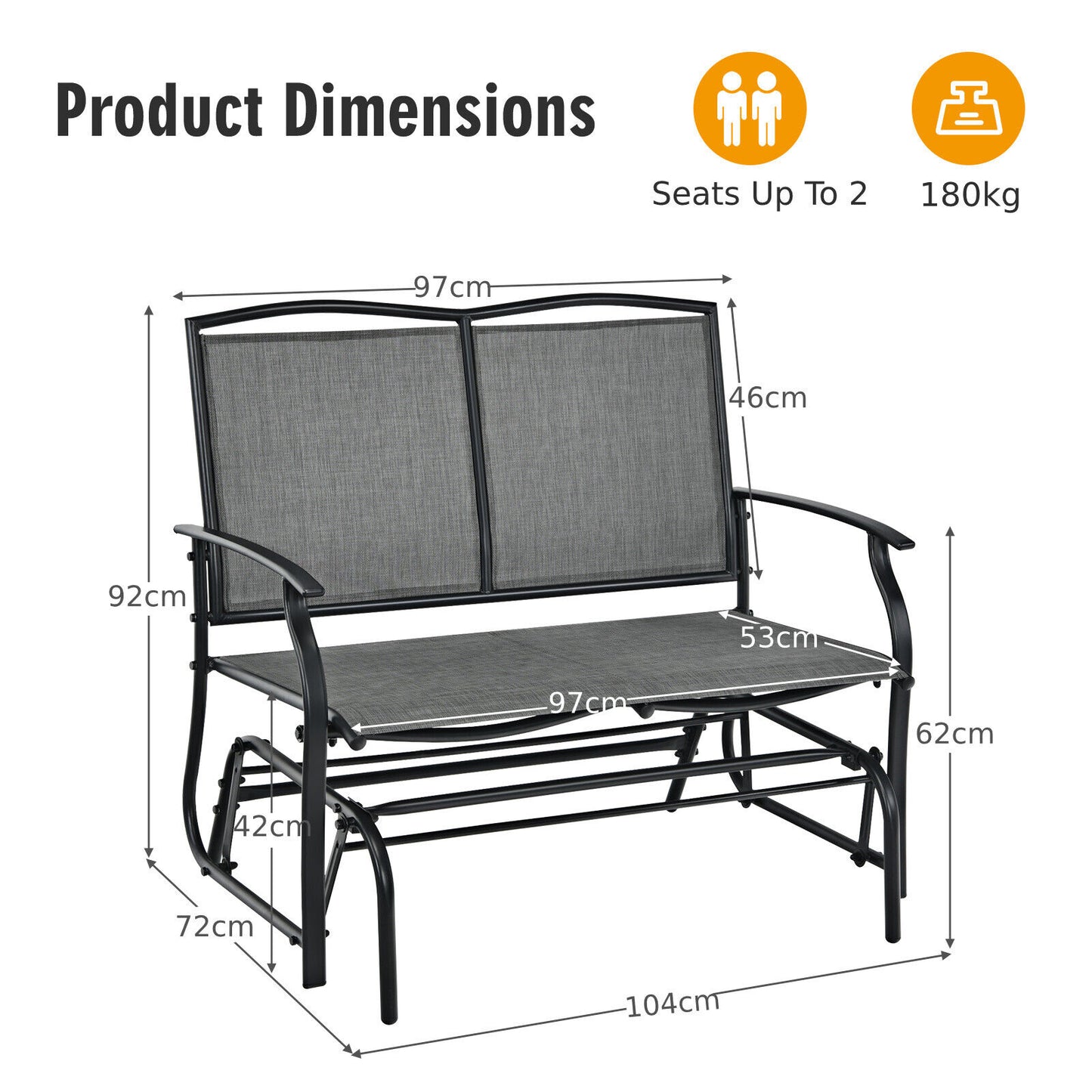 2-Person Patio Swing Glider Bench with Heavy-Duty Steel Frame-Grey
