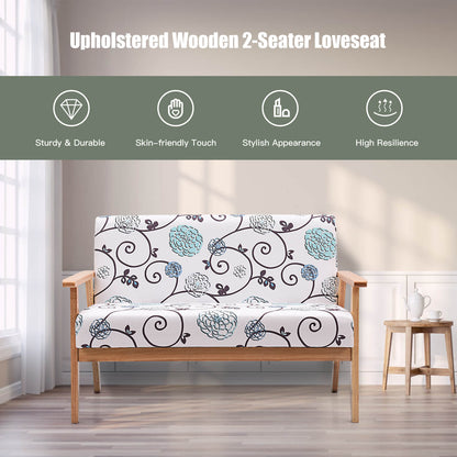 2-Seater Wooden Upholstered Loveseat with Rubber Wood Armrests-Grey