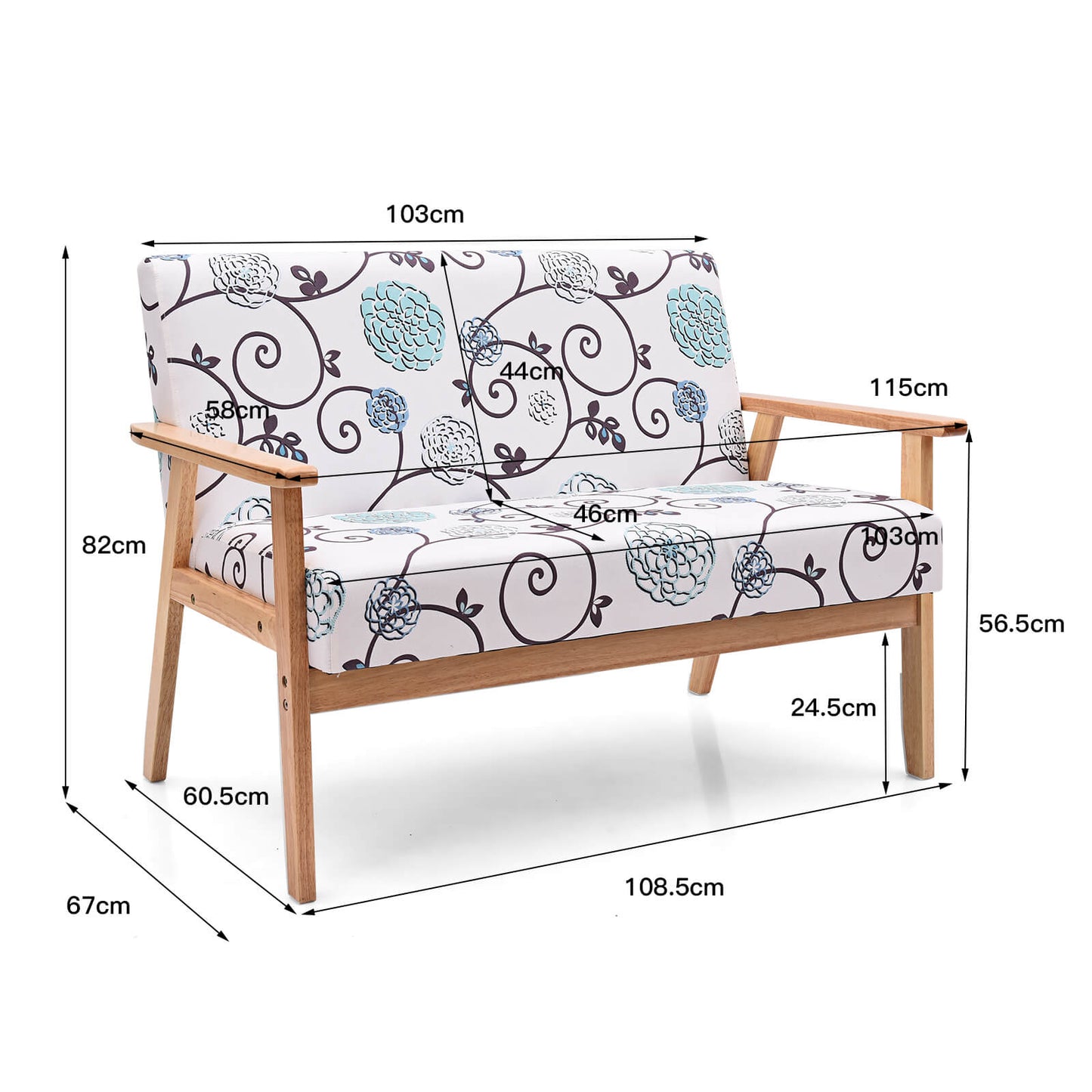 2-Seater Wooden Upholstered Loveseat with Rubber Wood Armrests-Grey