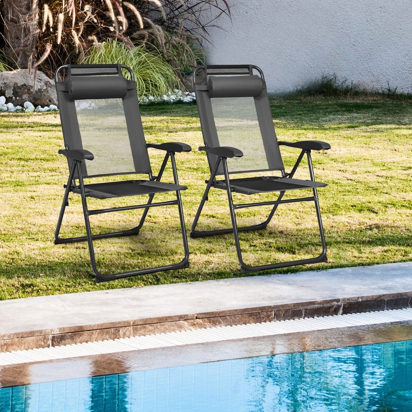 2 Pieces Folding Patio Chair Set with 7 Level Adjustable Backrest-Grey