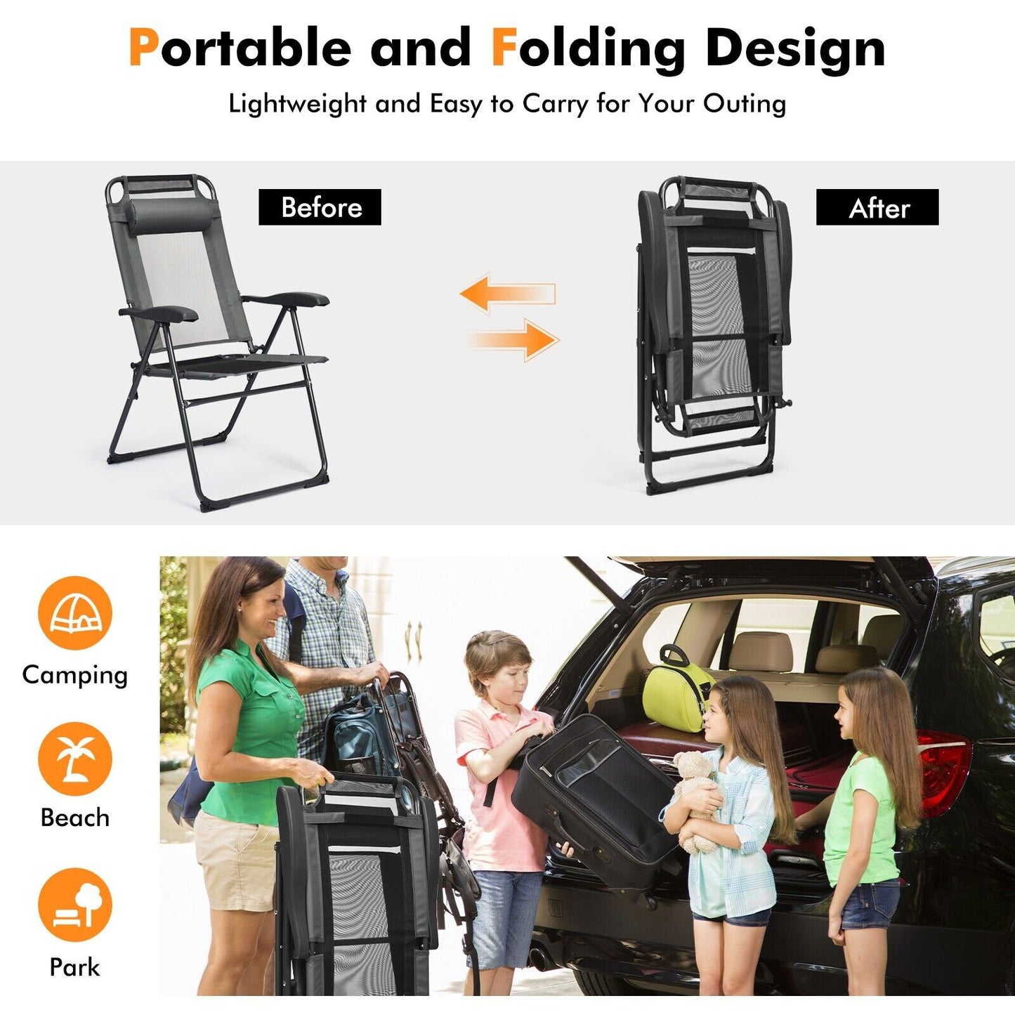 2 Pieces Folding Patio Chair Set with 7 Level Adjustable Backrest-Grey