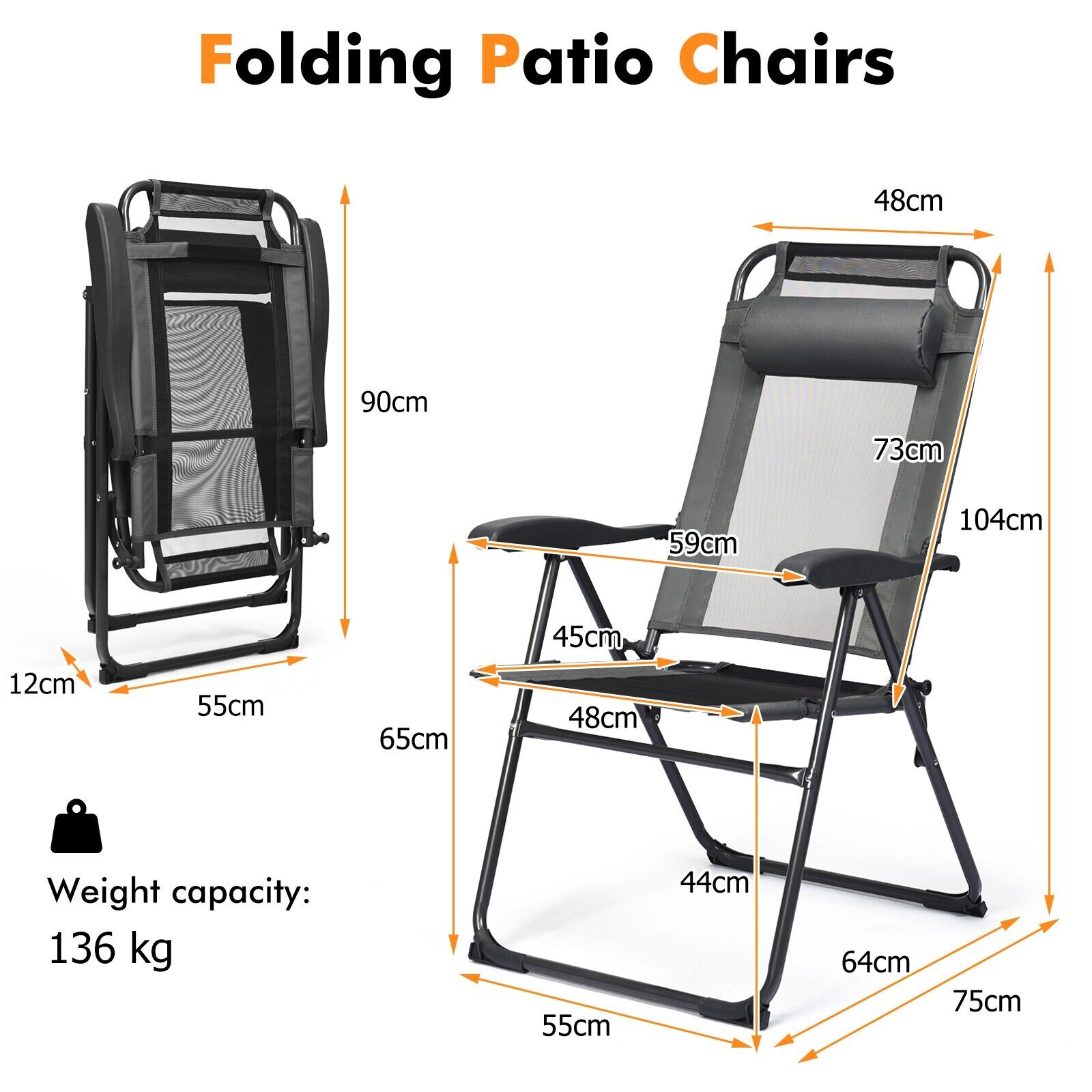 2 Pieces Folding Patio Chair Set with 7 Level Adjustable Backrest-Grey