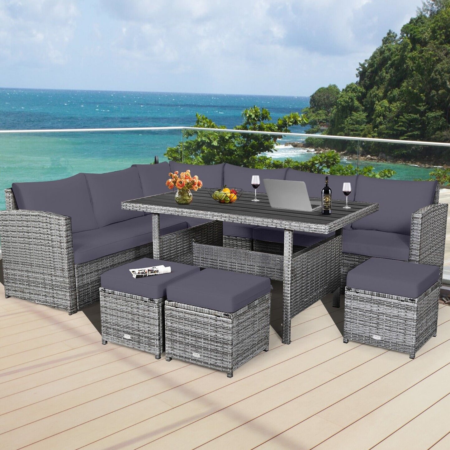 7 Pieces Patio Rattan Conversation Furniture Set-Grey