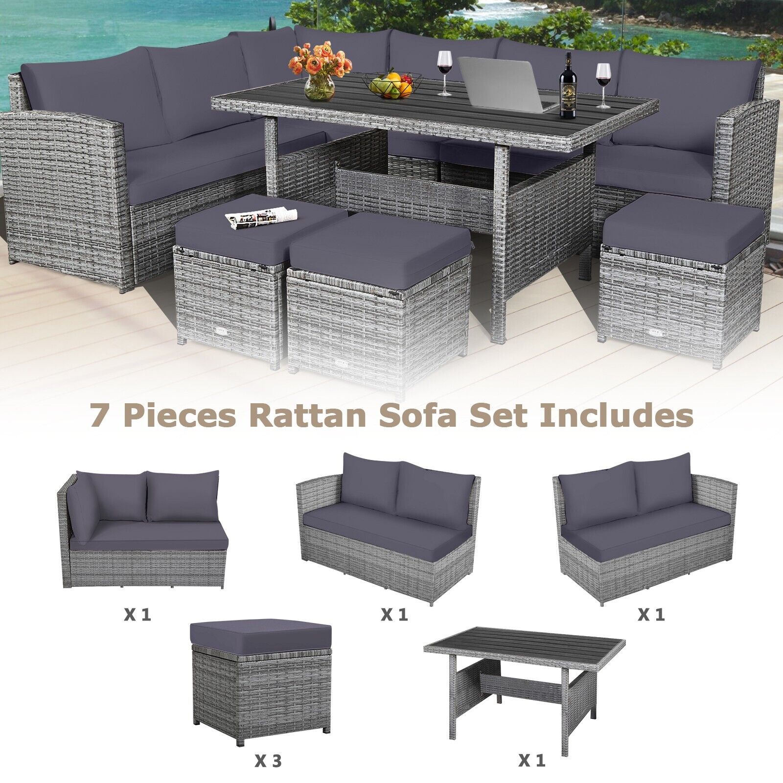 7 Pieces Patio Rattan Conversation Furniture Set-Grey