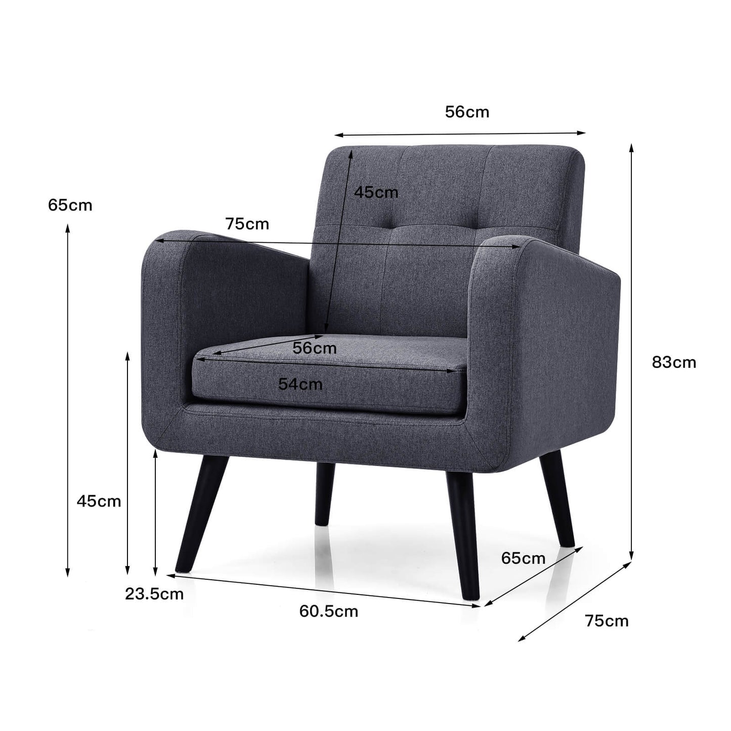 Mid-Century Modern Upholstered Accent Chair with Rubber Wood Legs-Grey