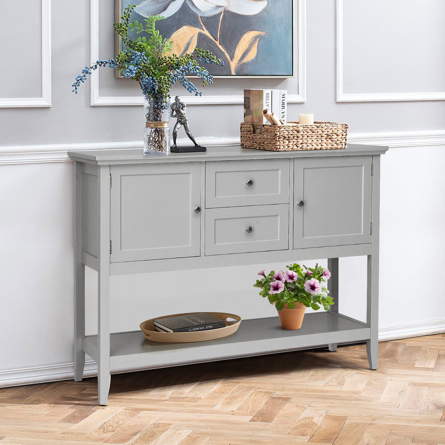 Wood Sideboard Buffet with 2 Drawers and 2 Storage Cabinets-Grey
