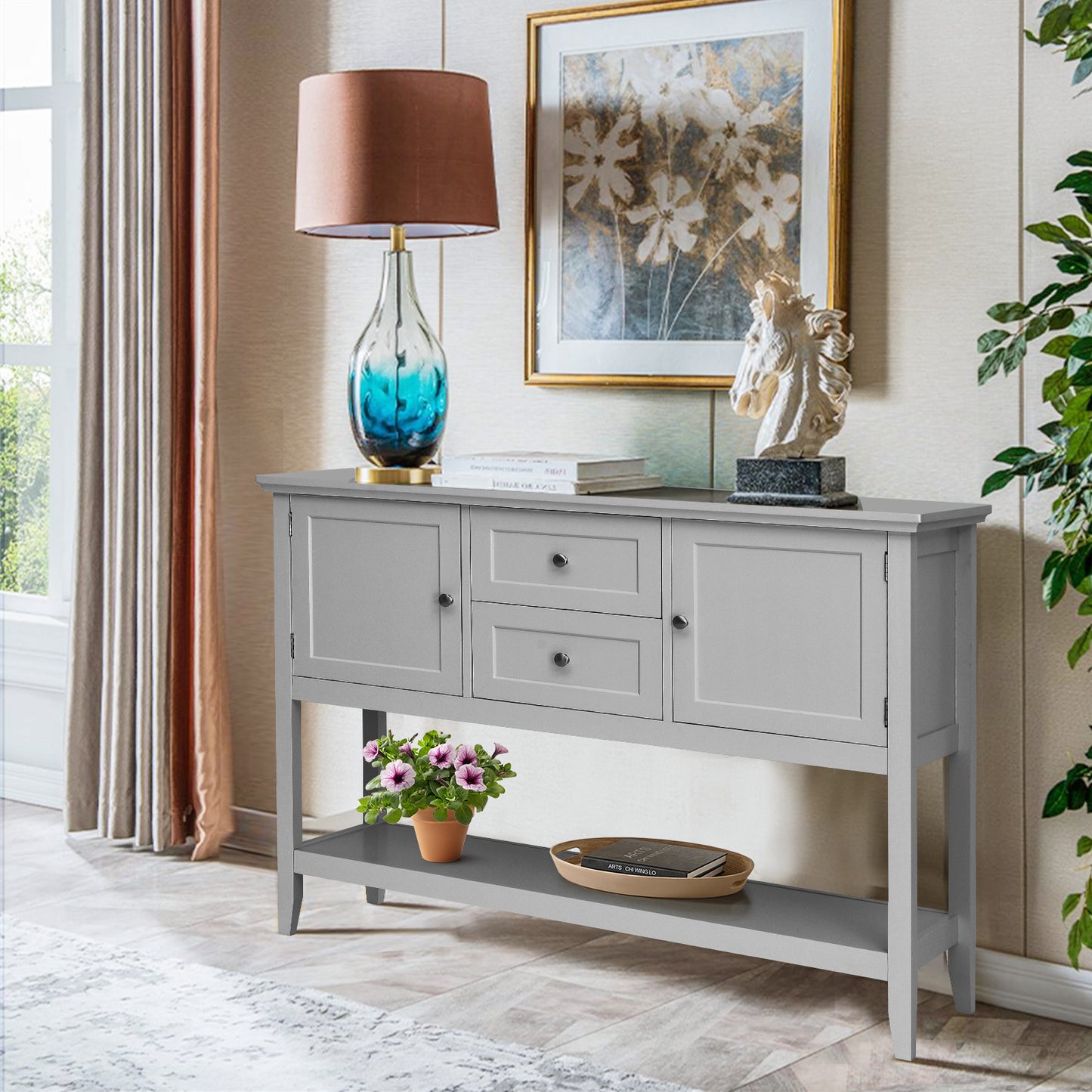 Wood Sideboard Buffet with 2 Drawers and 2 Storage Cabinets-Grey