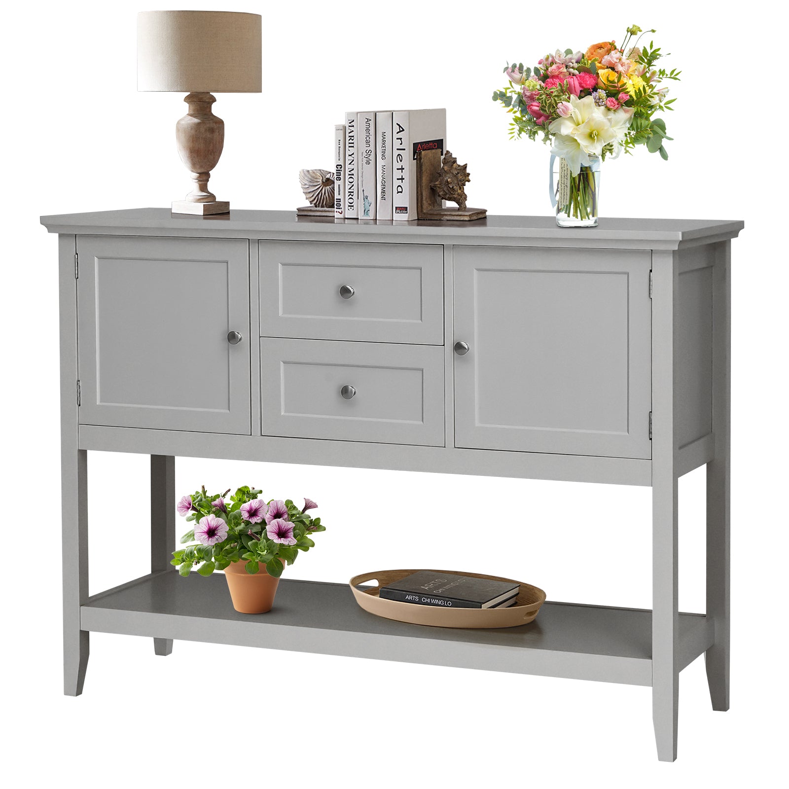 Wood Sideboard Buffet with 2 Drawers and 2 Storage Cabinets-Grey