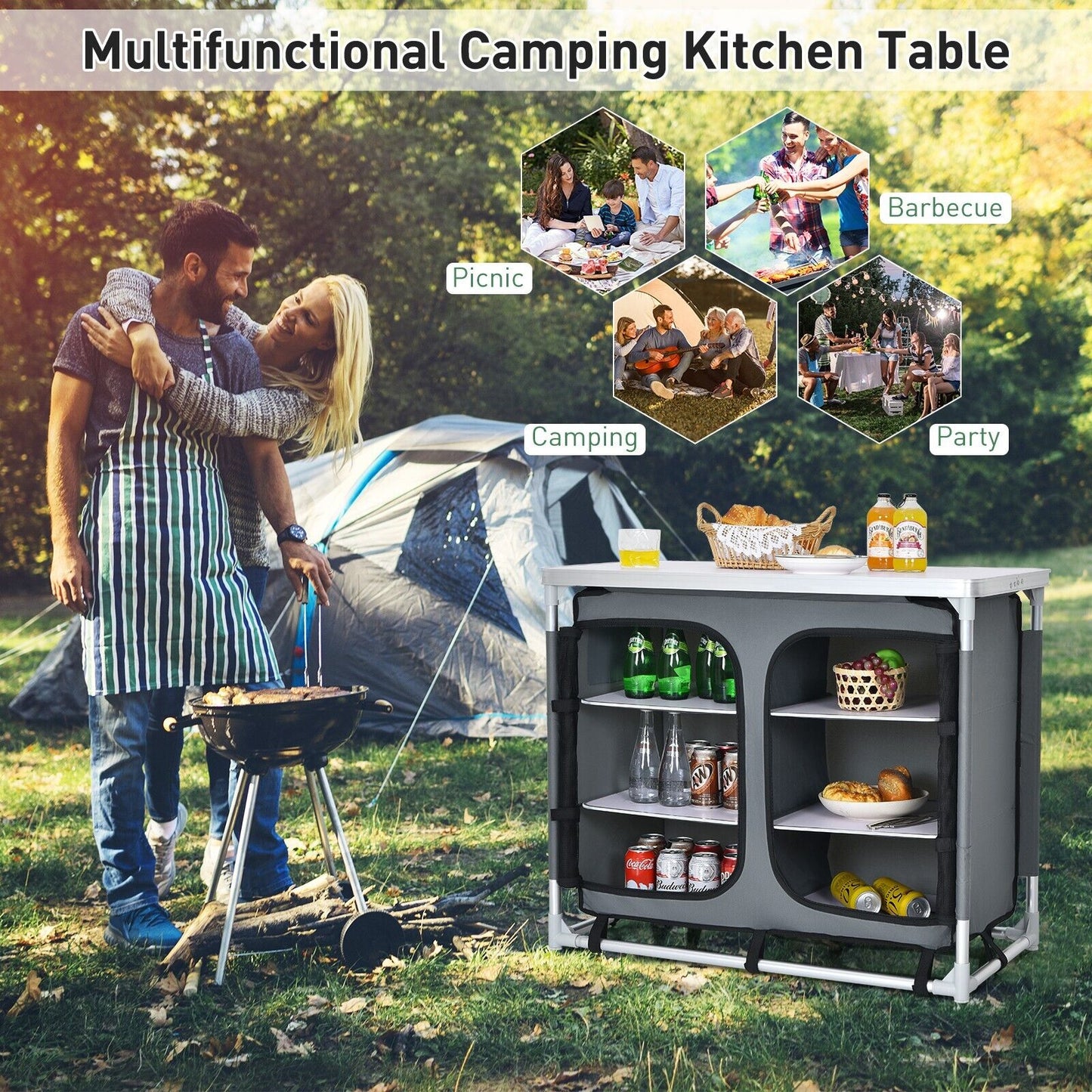 Portable Outdoor Camping Cooking Table with Storage Organiser-Grey