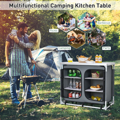 Portable Outdoor Camping Cooking Table with Storage Organiser-Grey