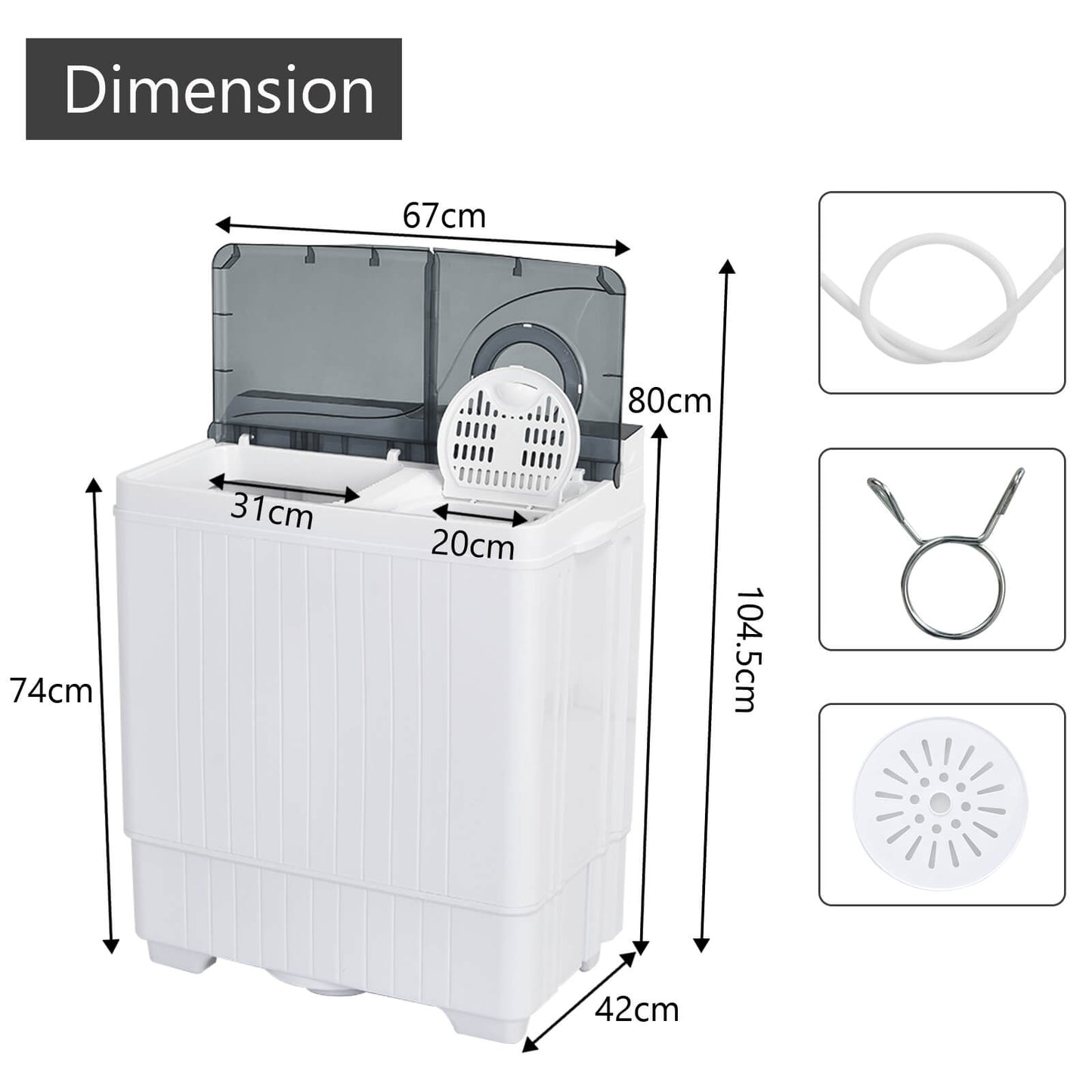 Portable Twin Tub Wash Machine with Spin Dryer-Grey