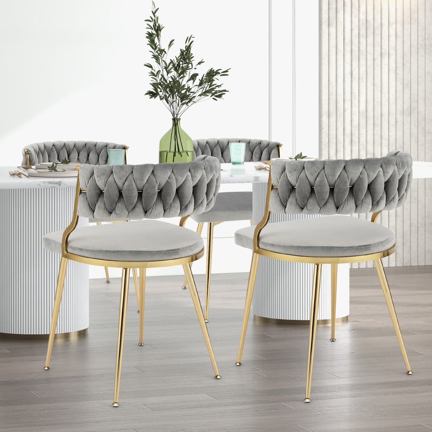 Set of 2 Velvet Dining Chair with Metal Legs and Woven Back-Grey