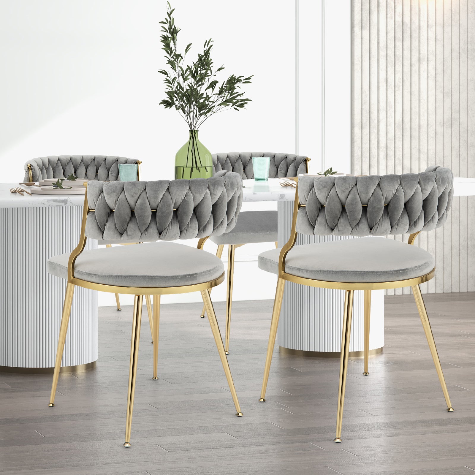 Set of 2 Velvet Dining Chair with Metal Legs and Woven Back-Grey