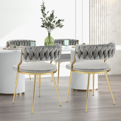 Set of 2 Velvet Dining Chair with Metal Legs and Woven Back-Grey