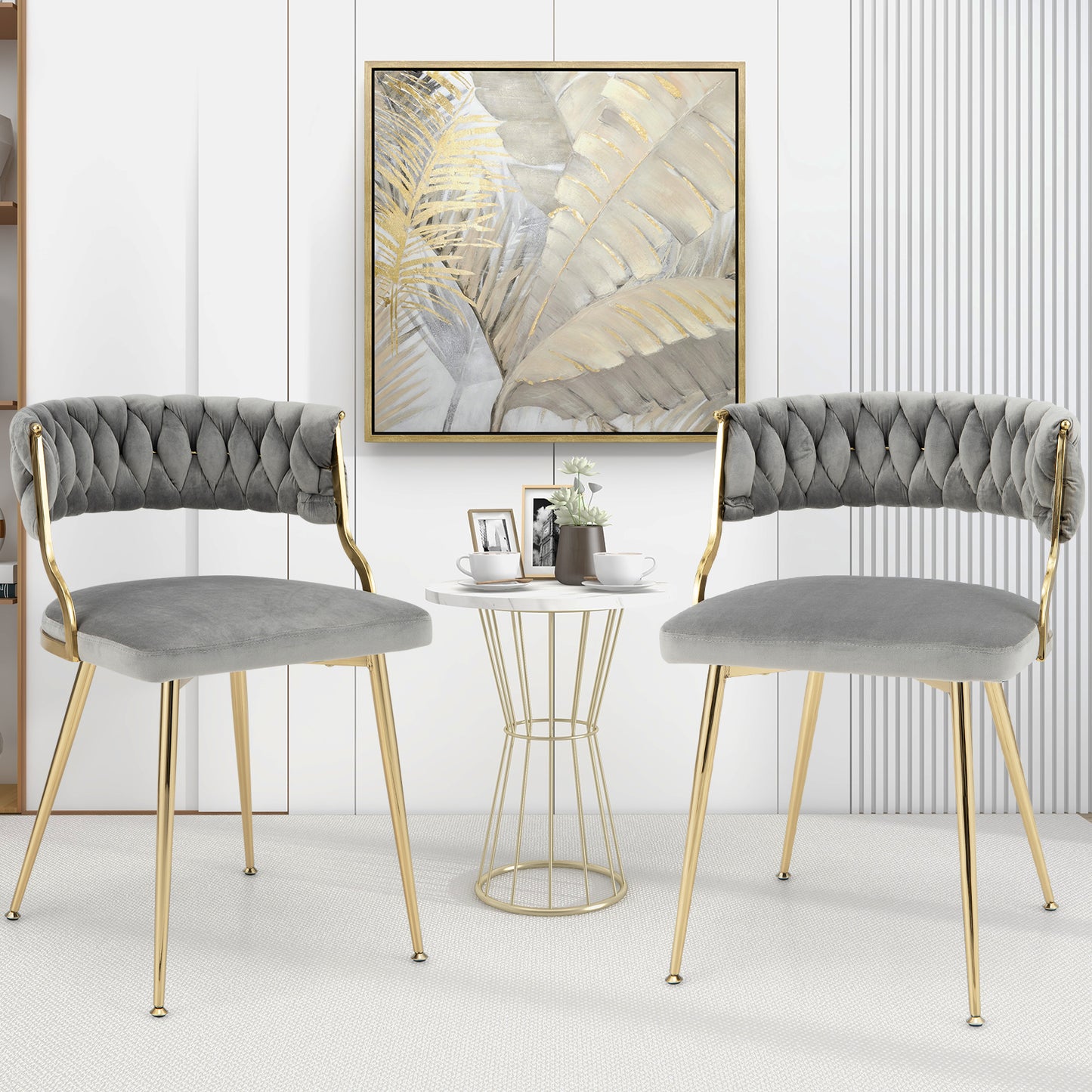 Set of 2 Velvet Dining Chair with Metal Legs and Woven Back-Grey