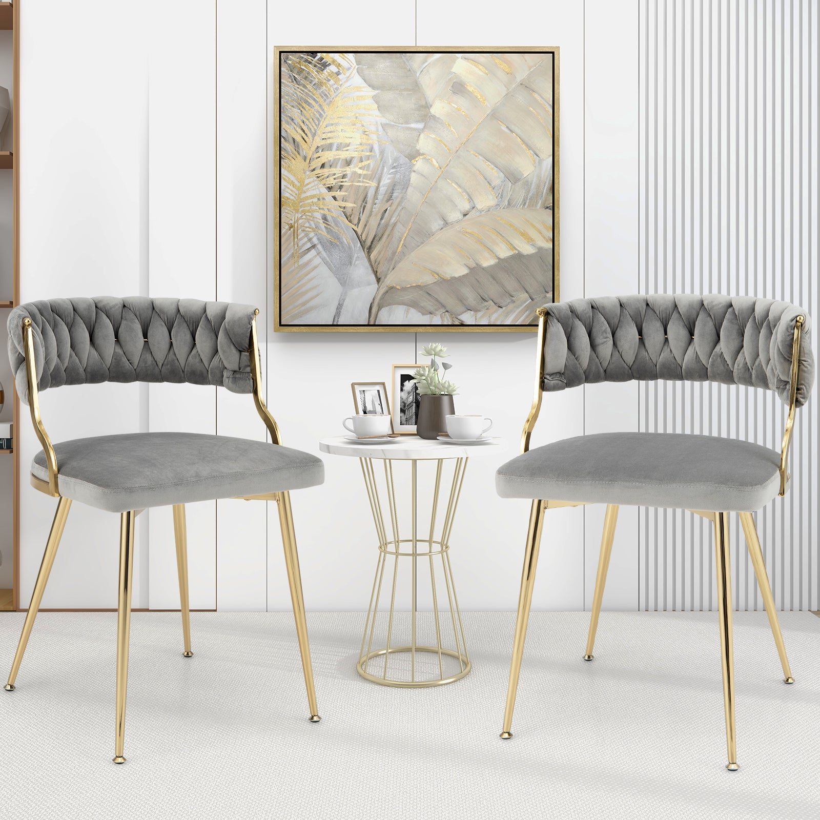 Set of 2 Velvet Dining Chair with Metal Legs and Woven Back-Grey