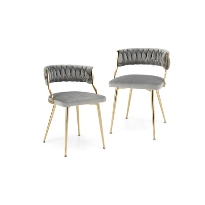 Set of 2 Velvet Dining Chair with Metal Legs and Woven Back-Grey