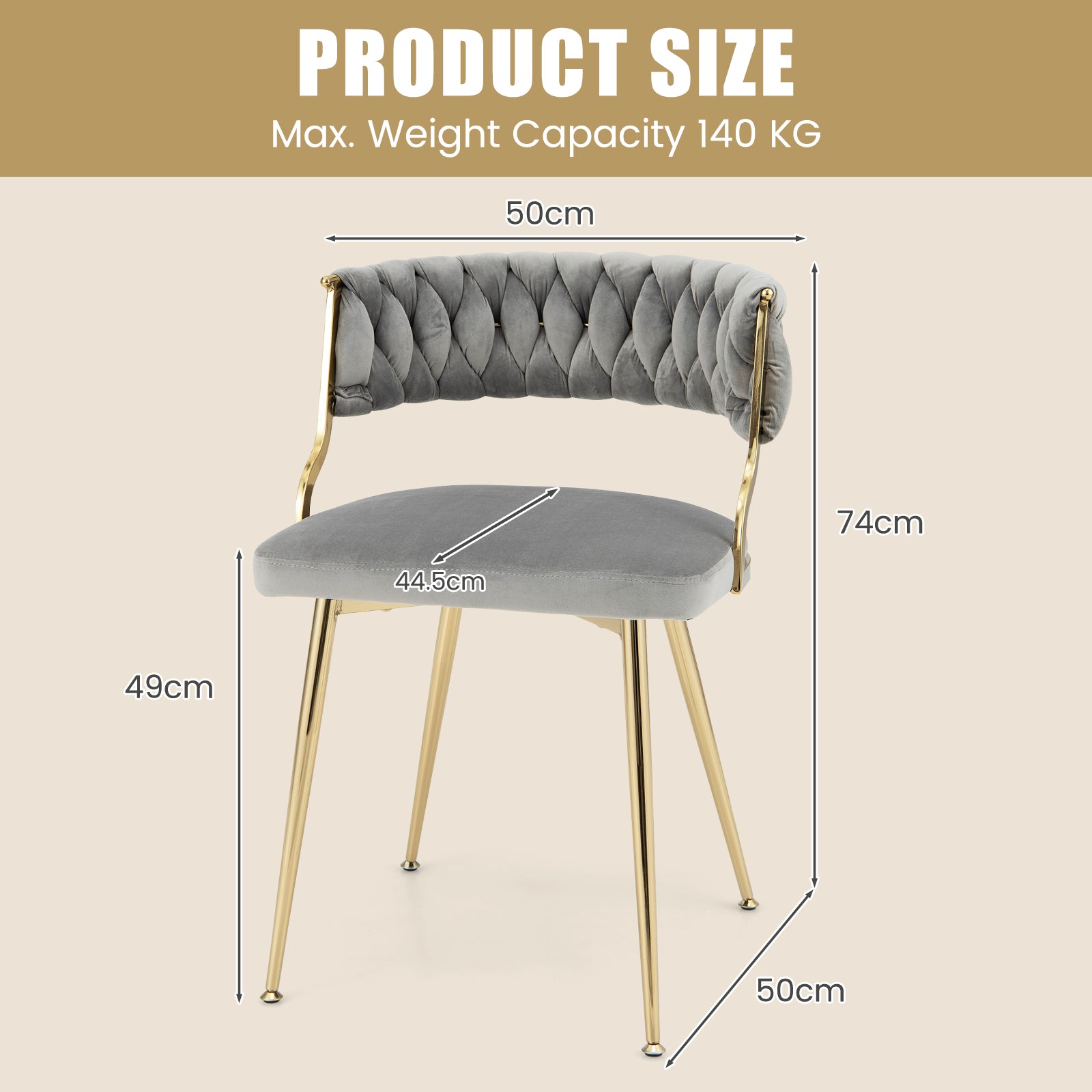 Set of 2 Velvet Dining Chair with Metal Legs and Woven Back-Grey