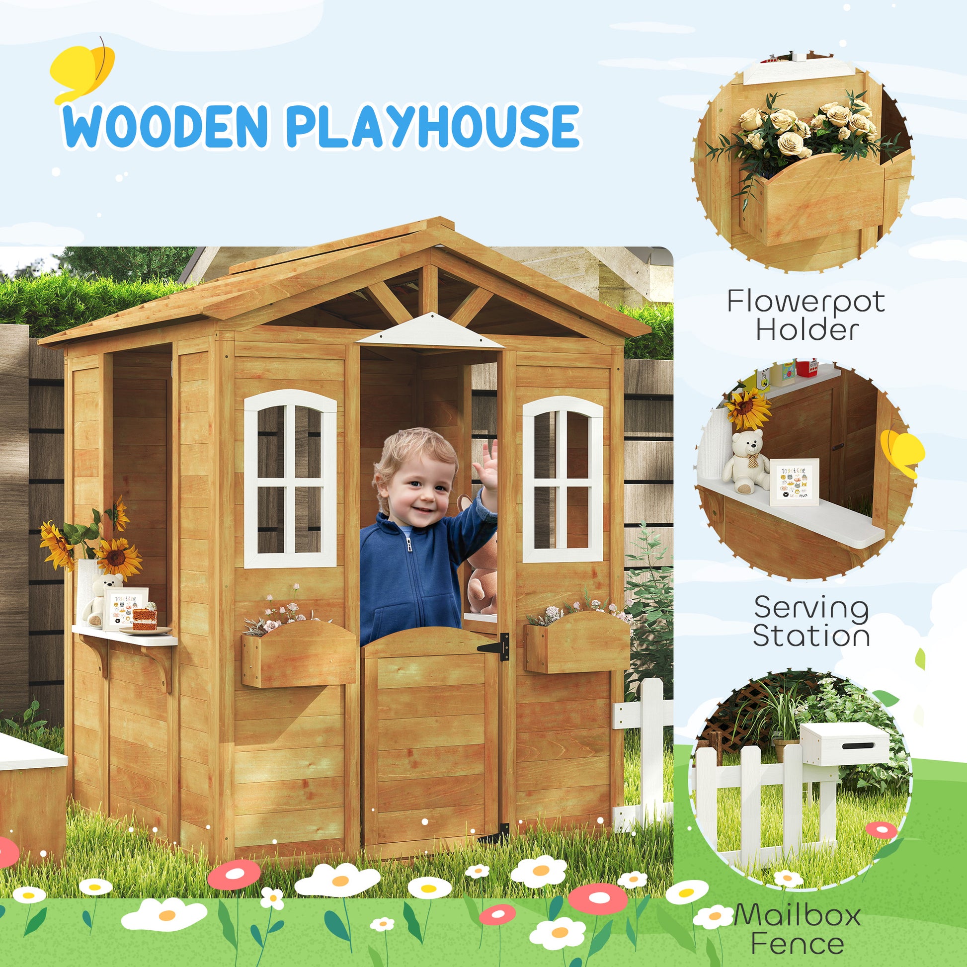 Outsunny Wooden Playhouse for Kids with Door, Windows, Mailbox, Flower Pot Holder, Serving Station, Bench for Children, Yellow