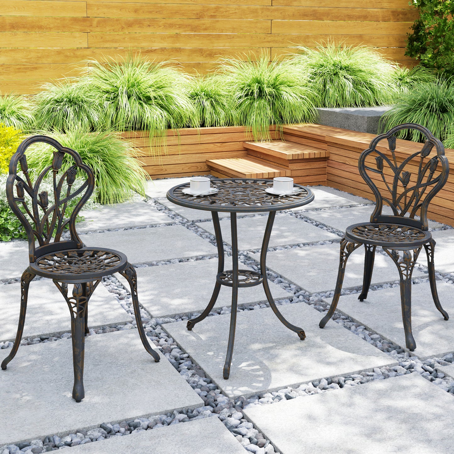 Outsunny 3 Piece Patio Bistro Set for 2, Outdoor Aluminium Garden Table and Chairs with Umbrella Hole for Balcony, Bronze Tone