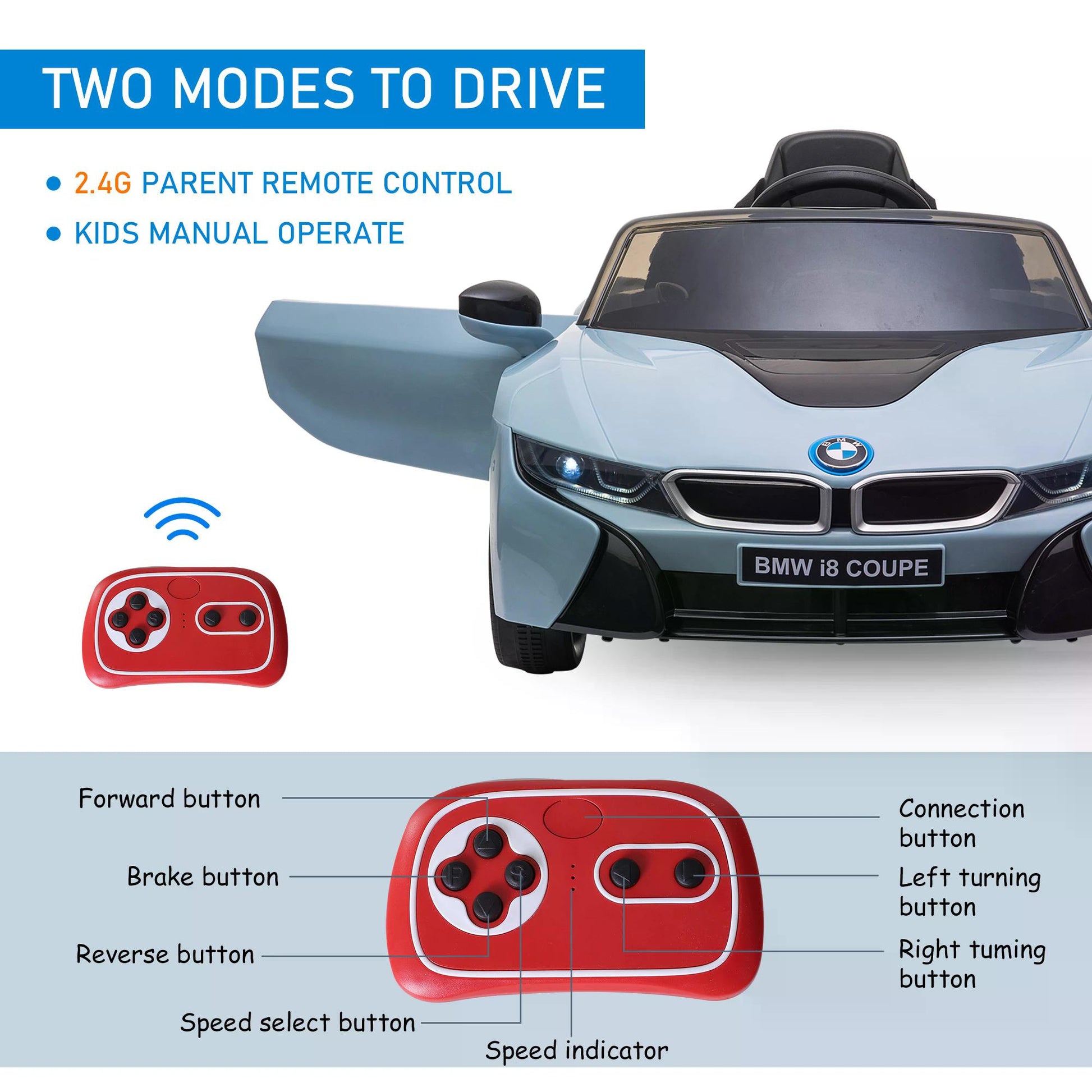 HOMCOM BMW I8 Coupe Licensed 6V Ride On Car Toy with Remote Control, Powered Electric Car, Music, Horn, for 3-8 Years, Blue