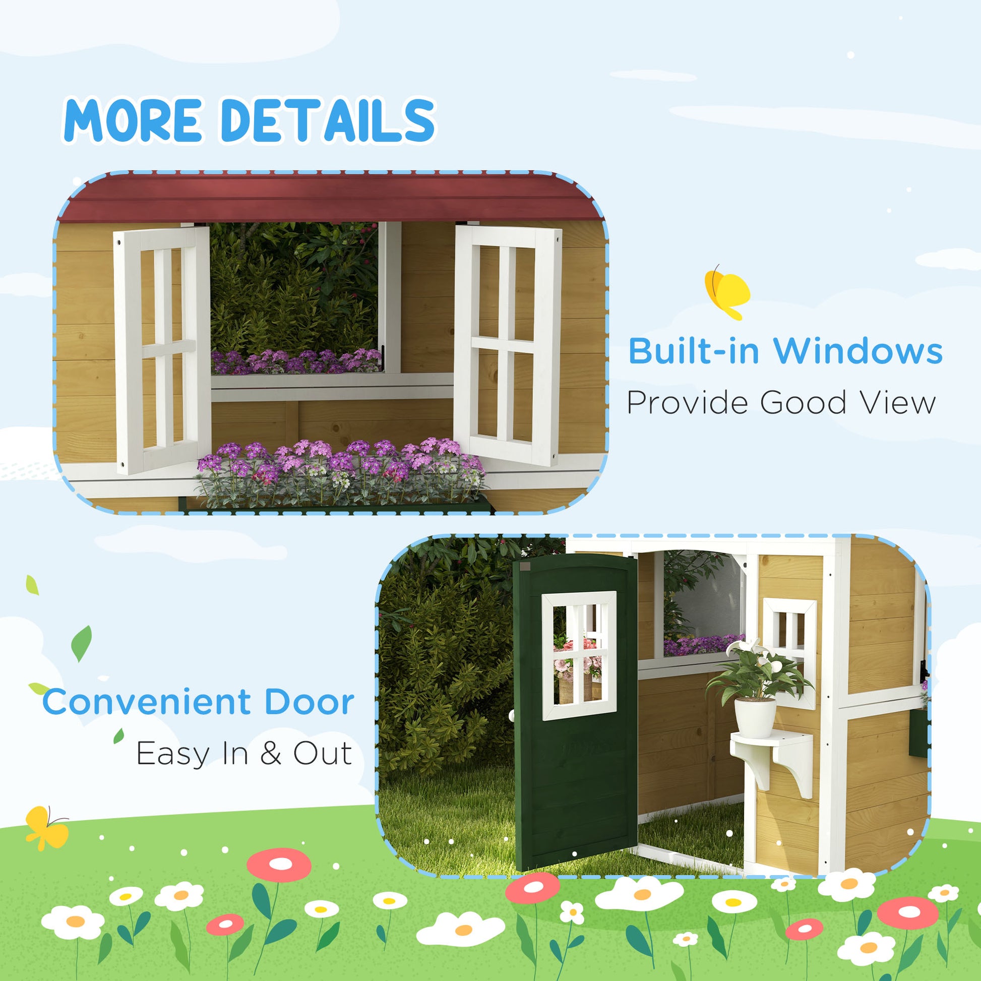 Outsunny Wooden Playhouse with Doors, Windows, Plant Pots, Boxes, for 3-8 Years - Beige
