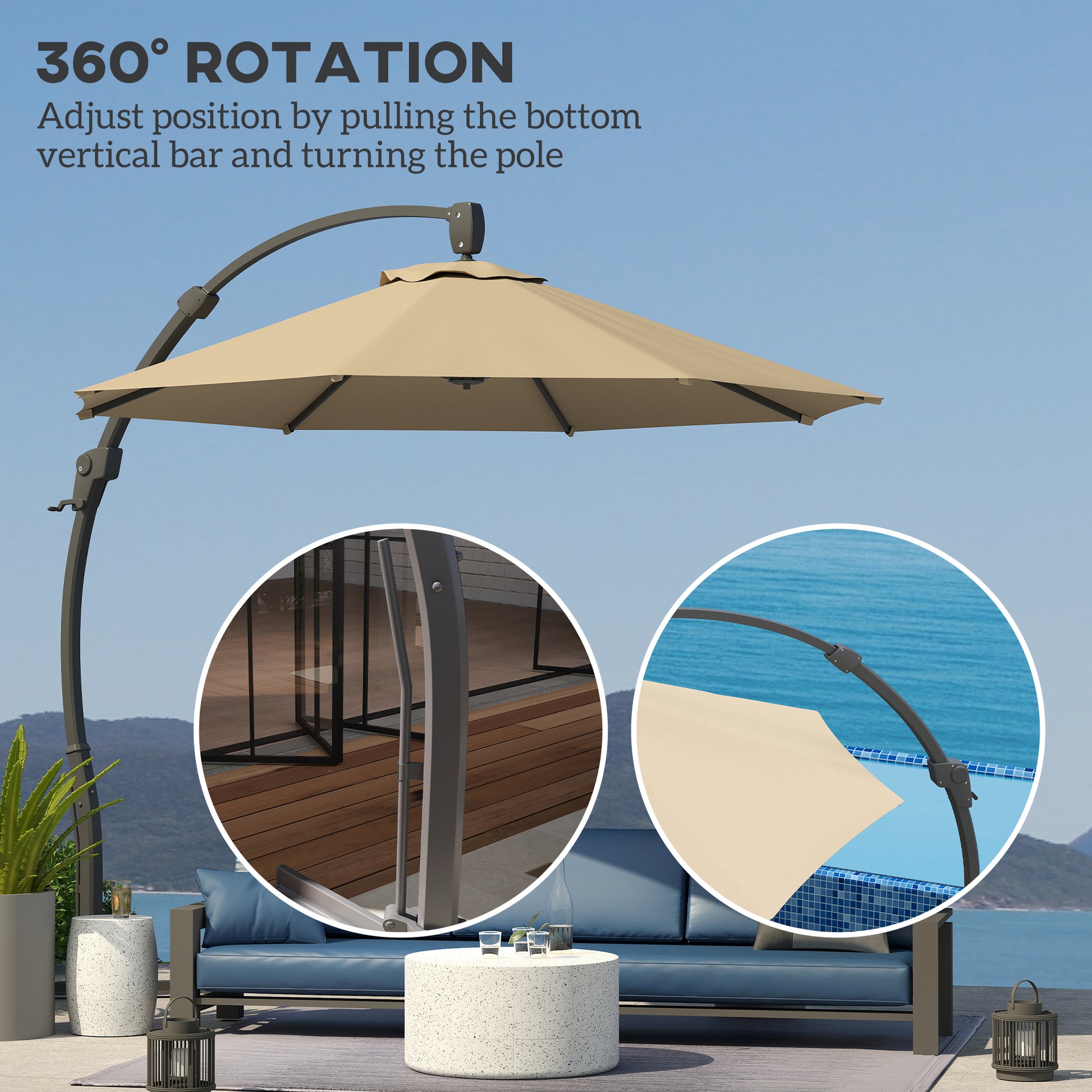 Outsunny 3(m) Garden Cantilever Parasol, Round Overhanging Umbrella with Crank Handle, Cross Base, Aluminium Frame and 360° Rotation, Banana Patio Umbrella for Outdoor Sun Shade, Khaki