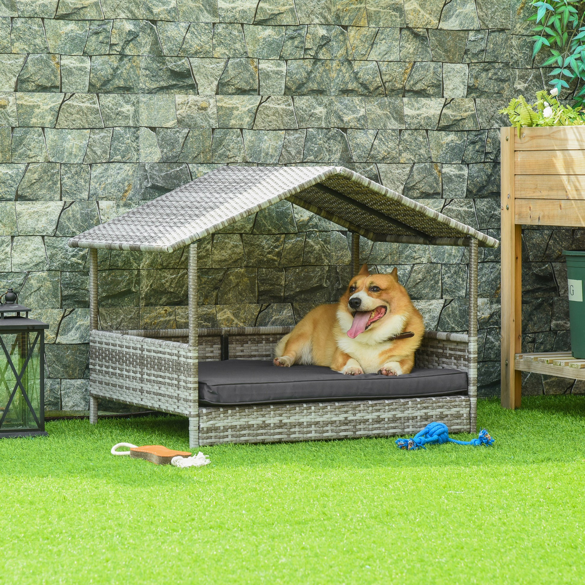 PawHut Wicker Dog House, Rattan Pet Bed, with Removable Cushion, Canopy, for Small and Medium Dogs - Dark Grey