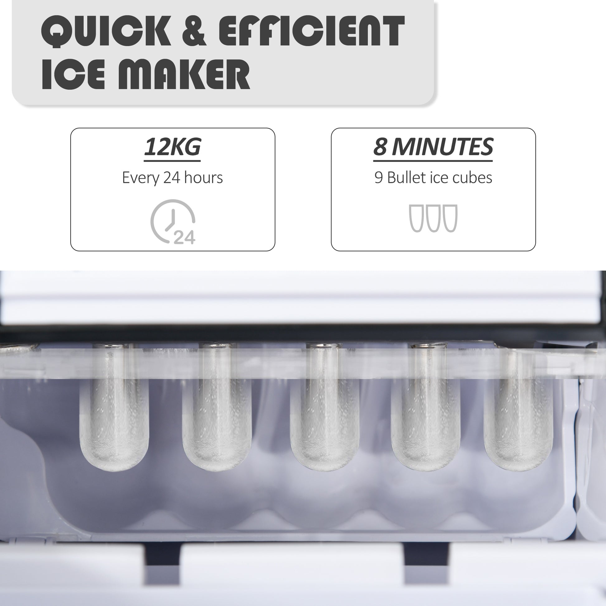 Ice Maker Countertop Portable Bullet Ice Cube Machine 12kg/24H Production Automatic Cleaning Visible Window Scoop and Basket Black by HOMCOM