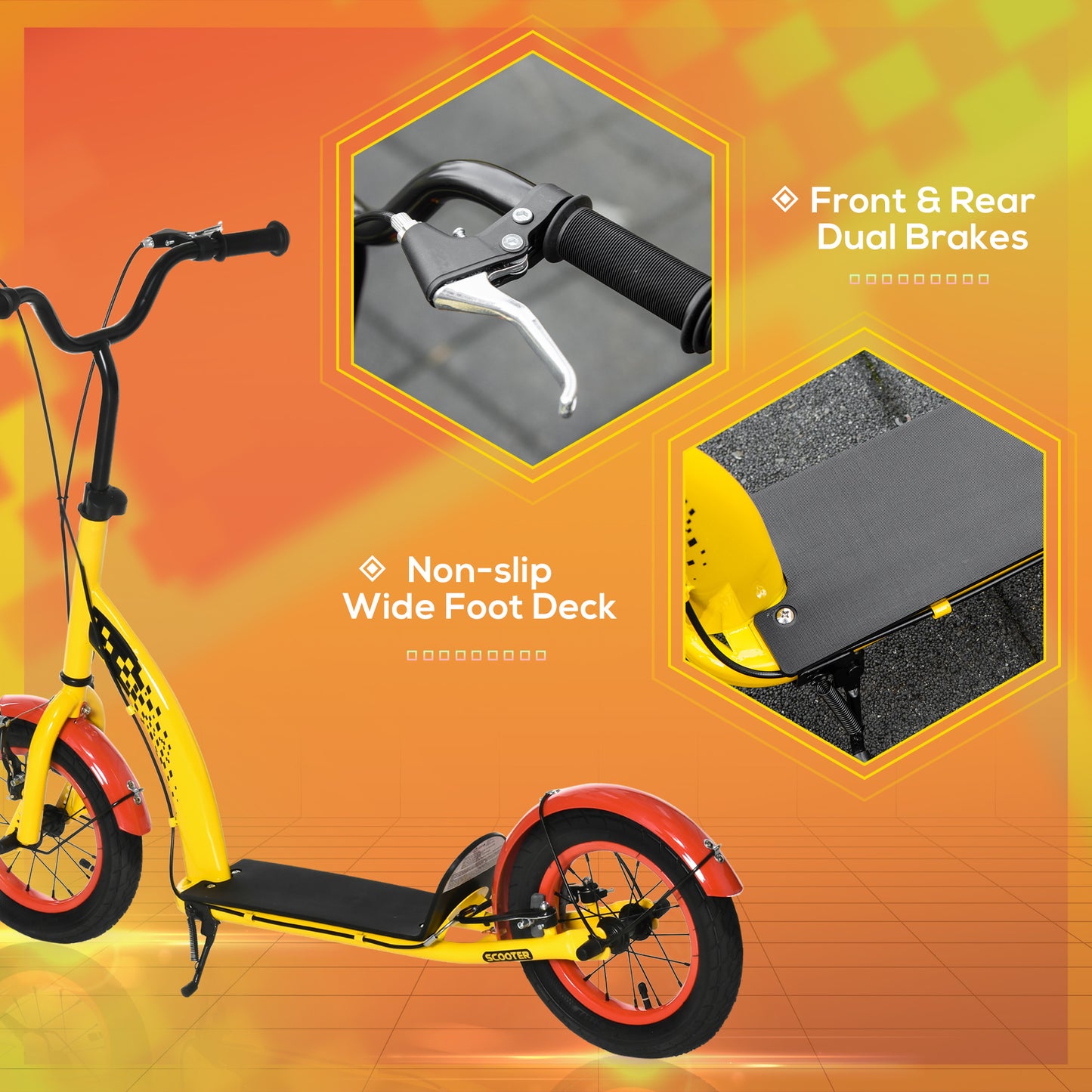 HOMCOM Kids Kick Scooter, w/ Adjustable Height, Front Rear Dual Brakes, 12 Inch Inflatable Rubber Wheels, for Ages 5+ Years - Yellow