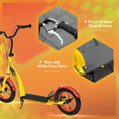 HOMCOM Kids Kick Scooter, w/ Adjustable Height, Front Rear Dual Brakes, 12 Inch Inflatable Rubber Wheels, for Ages 5+ Years - Yellow