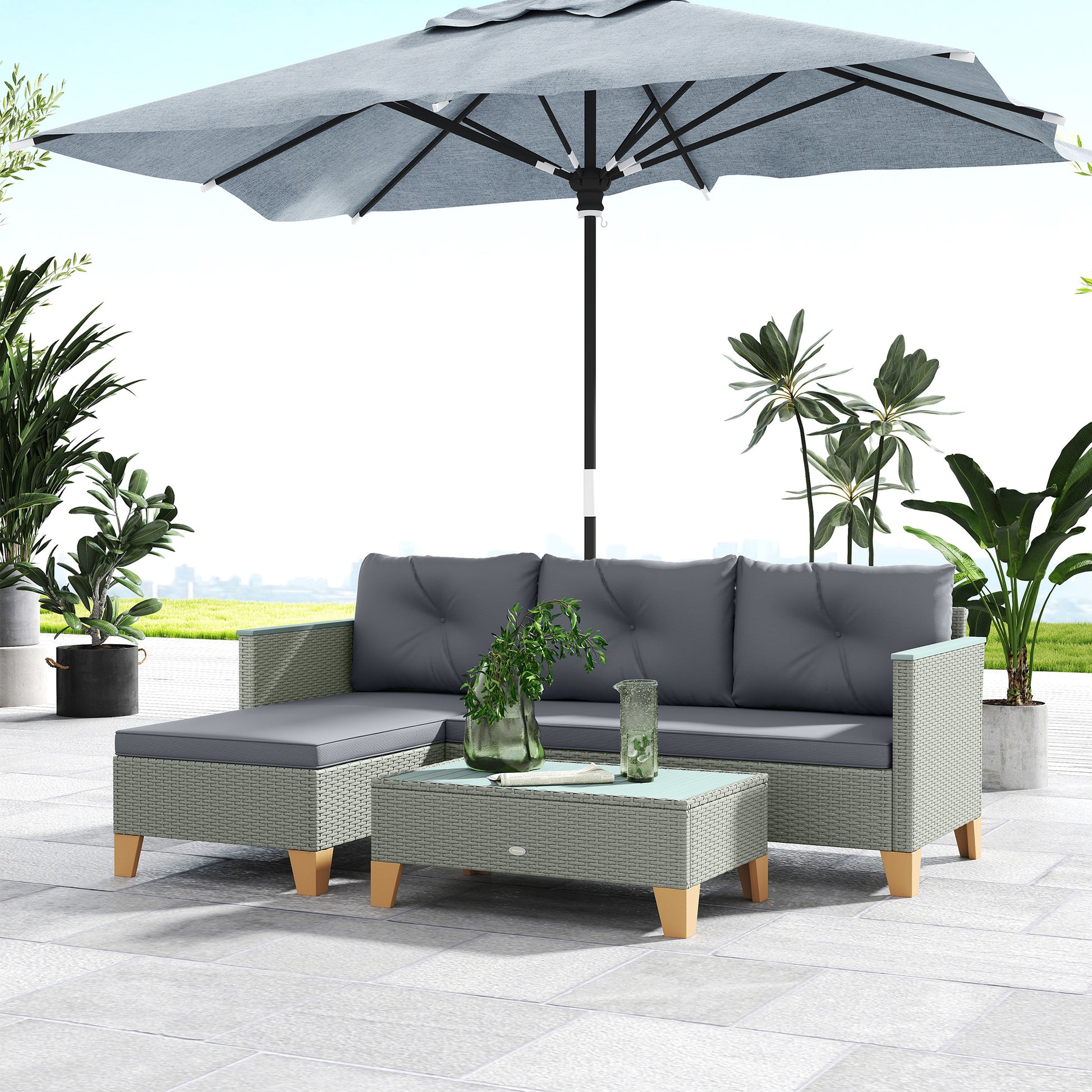 Outsunny 3 Pieces Rattan Garden Furniture Set, L Shaped Garden Conversation Chaise Lounge Furniture with Wood Top Coffee Table and Thick Cushions, Charcoal Grey