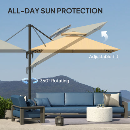 Outsunny 2.5m Cantilever Parasol with Solar Powered LED Lights, 360° Rotation, Tilt Adjustment, Crank Handle, Khaki