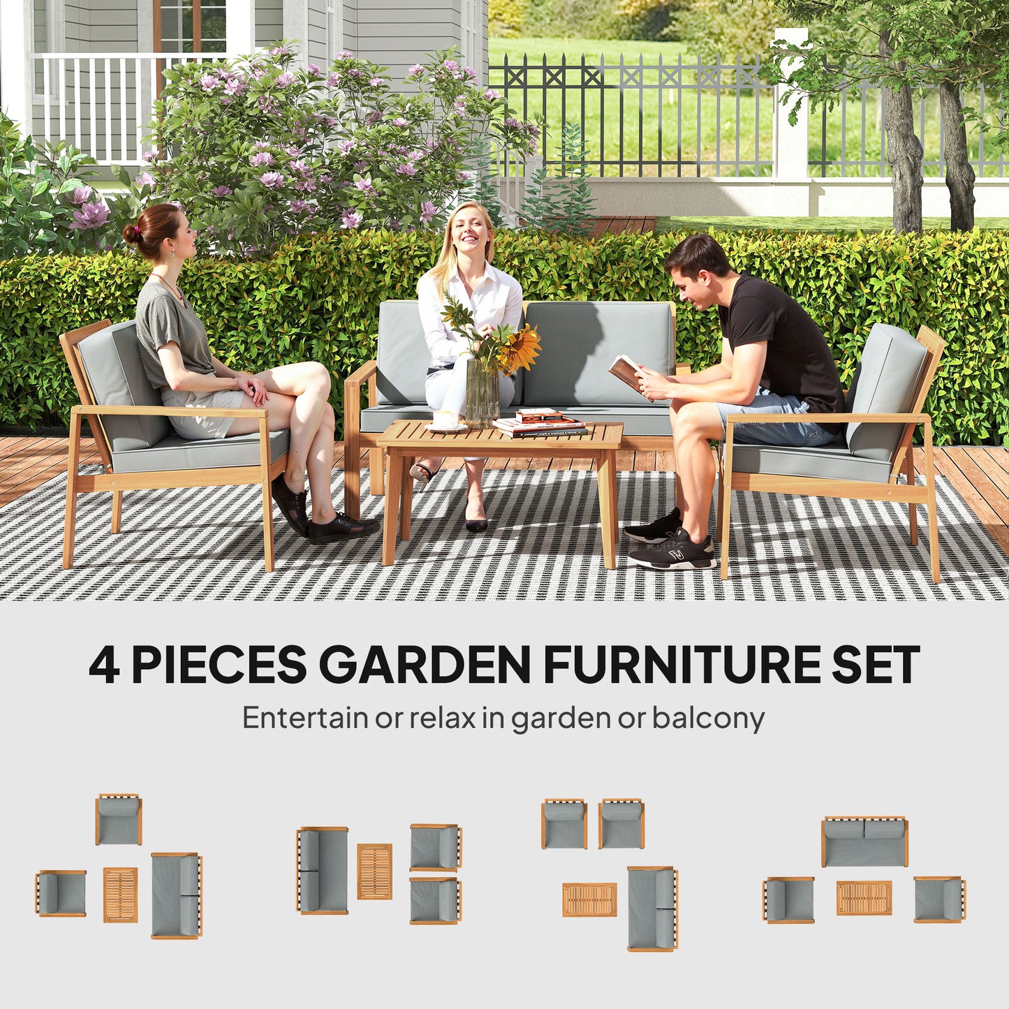 Outsunny 4-Piece Wooden Garden Furniture Set with Cushions - Teak