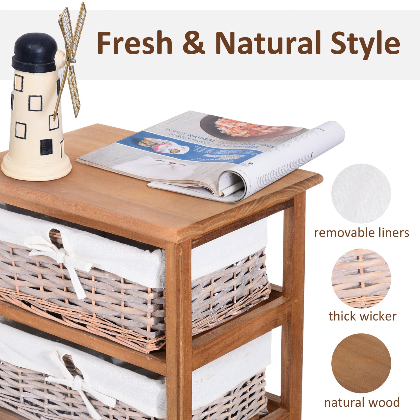 HOMCOM 5 Drawer Dresser Wicker Basket Storage Shelf Unit Wooden Frame Home Organisation Cabinet Bedroom Office Furniture Natural Finish