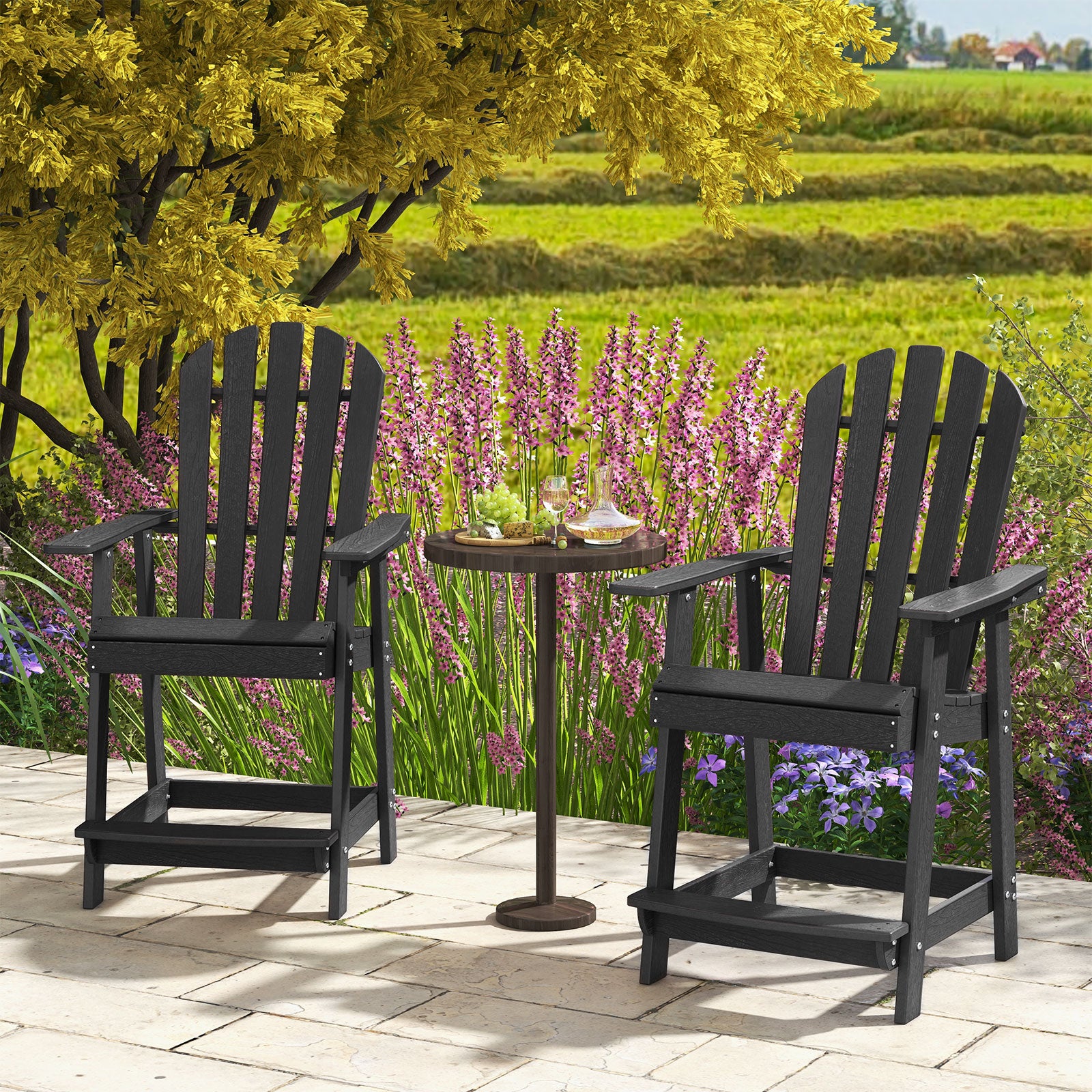 Outdoor HDPE Bar Stool with Armrest Footrest for Garden Poolside-Black