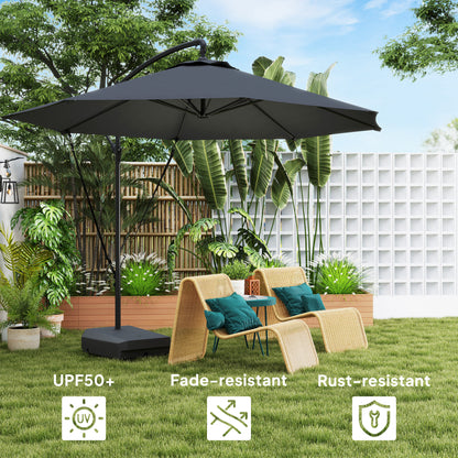 Outsunny 3(m) Garden Cantilever Parasol with Fillable Base up to 90kg, Wind Protection Strap, Cover, Round Banana Hanging Umbrella with Crank Handle and Tilt, UPF50+ Patio Umbrella, Grey