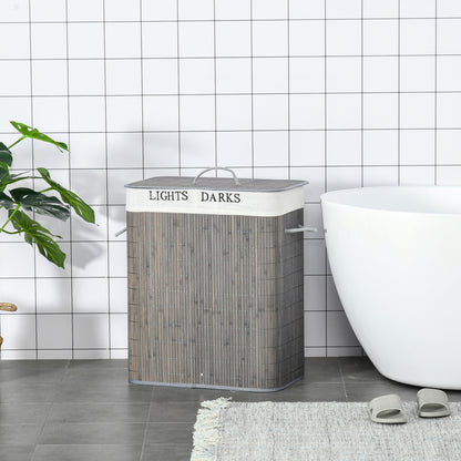 HOMCOM 100L Laundry Basket with Flip Lid String Handles, 2 Section Collapsible Hamper Removable Lining Foldable Water-Resistant Dirty Clothes Storage